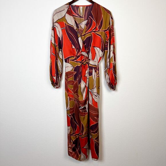 Anthropologie Floral Printed Satin Long Sleeve Wrap Midi Dress Size Small - Picture 3 of 11